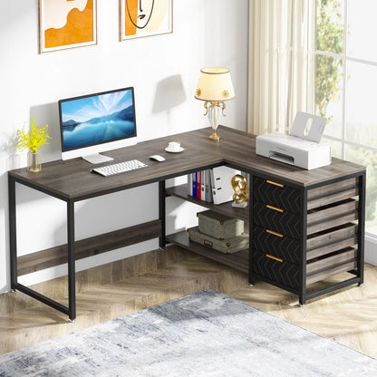 L Shaped Computer Desk - Reversible Corner Office Desk with Drawers & Shelves