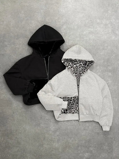 Unisex hoodie hooded sweatshirt with leopard print lining pocket, loose cardigan, zipper sweatshirt, streetwear style