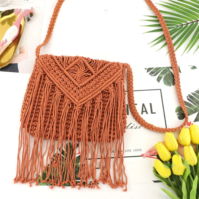Handmade Cotton Crossbody Bag - Vintage Tassel Shoulder Messenger for Women Summer Beach Handbag 2023