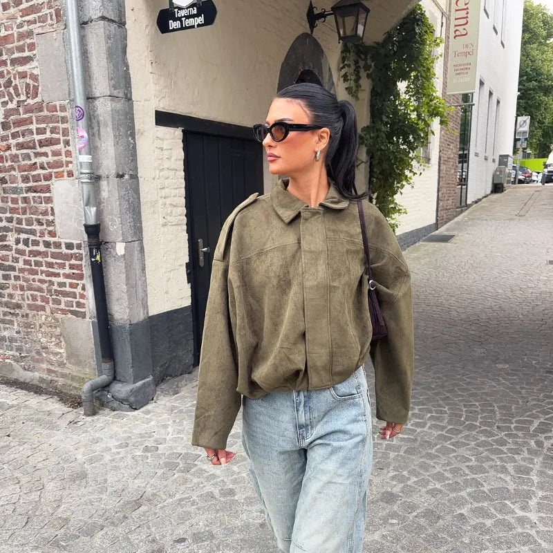 Vintage Suede Green Bomber Jacket Women Loose Lapel Full Sleeve Zipper Commute Coat 2025 Autumn Lady High Street All-match Coats