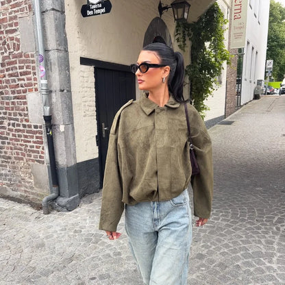 Vintage Suede Green Bomber Jacket Women Loose Lapel Full Sleeve Zipper Commute Coat 2025 Autumn Lady High Street All-match Coats