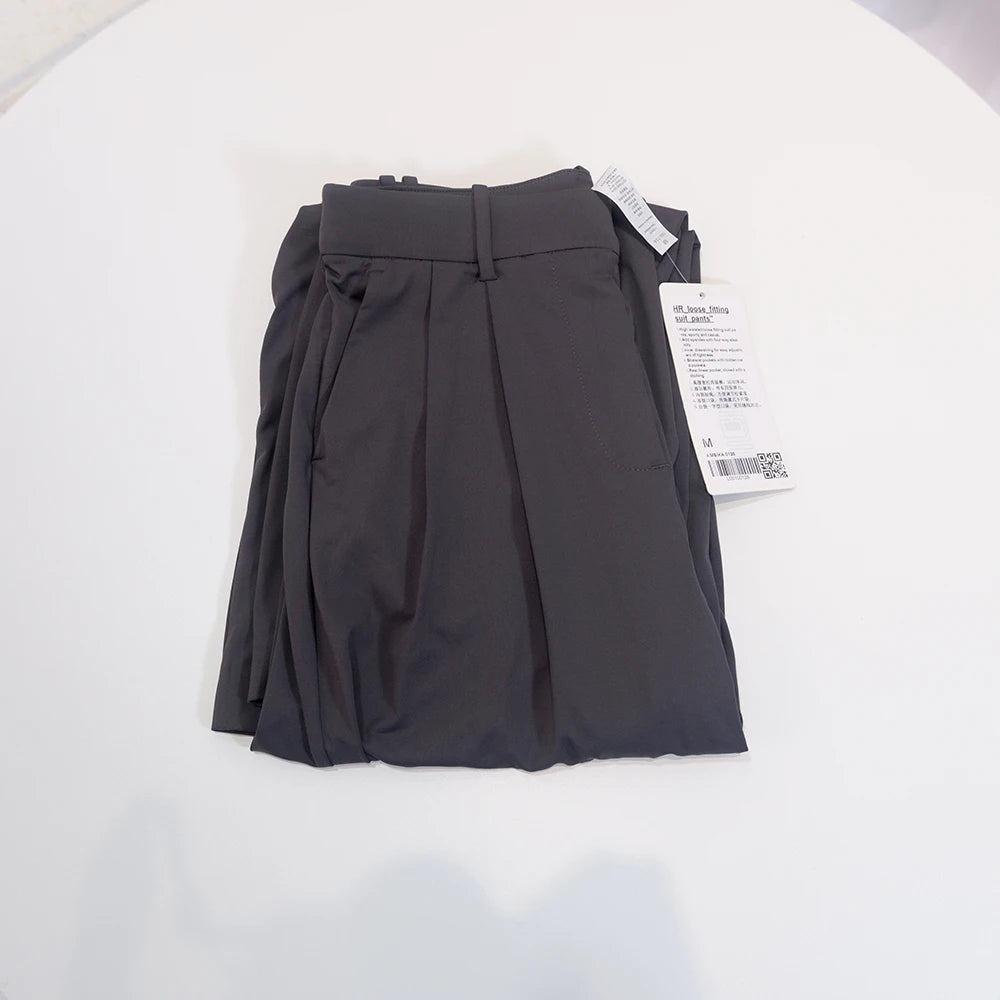 Pocketed suit pants with pleats, cool feeling, versatile wide-legged, long pants, casual, straight-cut, elastic waist
