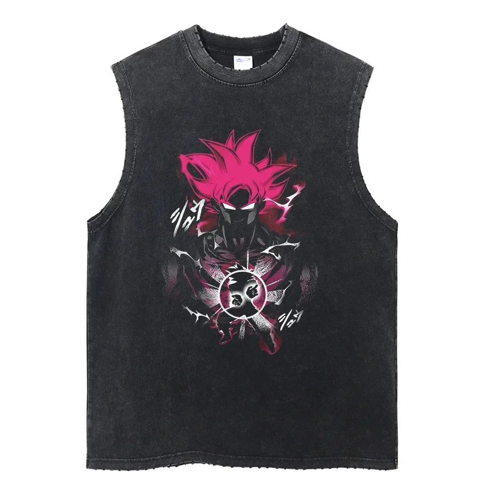 Vintage Vest Washed T-Shirt Anime Dragon Ball Graphic Tank Top Cotton Sleeveless Streetwear Loose GYM T Shirt Men's Clothing