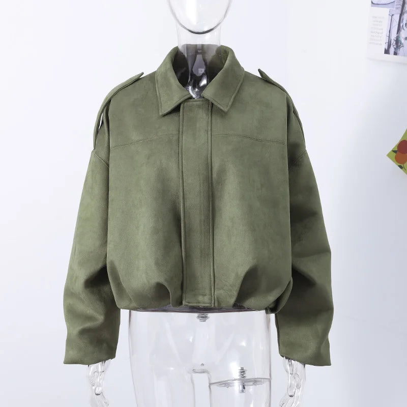 Vintage Suede Green Bomber Jacket Women Loose Lapel Full Sleeve Zipper Commute Coat 2025 Autumn Lady High Street All-match Coats