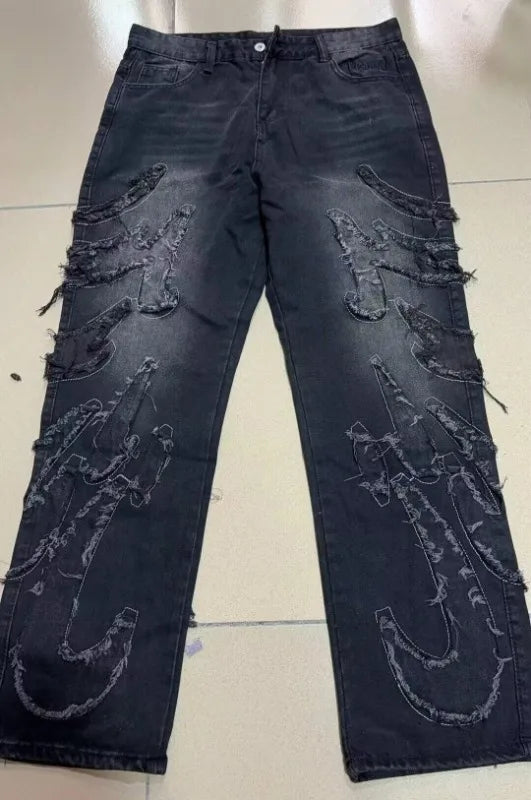 Street New Edge Embroidery Black Baggy Jeans Wide Leg Denim Pants Mens Y2K Harajuku Retro Graphic Patch Jeans Hip Hop Gothic Raw