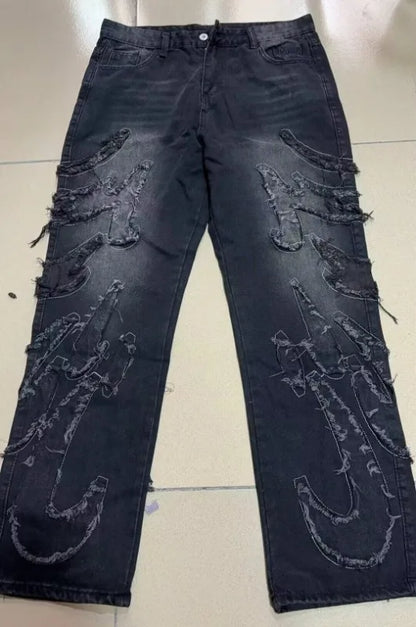 Street New Edge Embroidery Black Baggy Jeans Wide Leg Denim Pants Mens Y2K Harajuku Retro Graphic Patch Jeans Hip Hop Gothic Raw