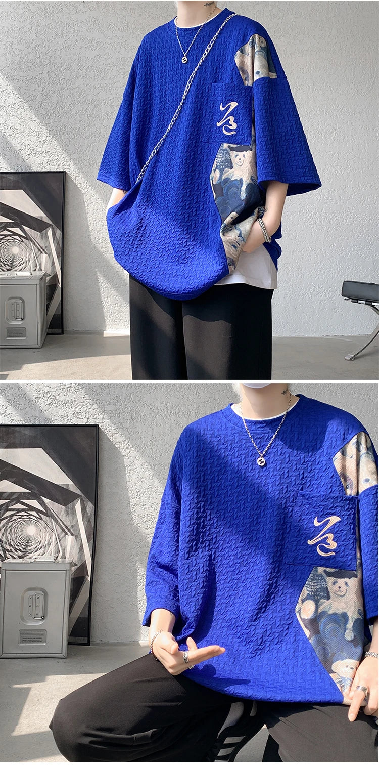 Patchwork Contrast Color T Shirt Men Summer Fashion Top Tees Unisex Harajuku T-shirt Male Half Sleeve TShirts Blue White Black