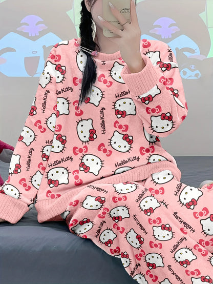 Women's HelloKitty velvet pajama set, featuring a long-sleeve top and matching pants, comfortable winter sleepwear