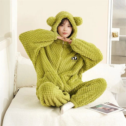 Autumn Winter Women's Sleepwear Flannel Pajamas Set Thick Fleece Nightwear Sets Warm Home Suits Hoodie Plus Pants