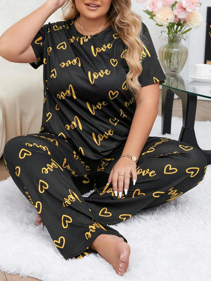 Women's Plus Size Sleepwear Heart Letters Print Pajama Set Casual Short-Sleeve Top and Pants Comfortable Relaxed Fit Loungewear