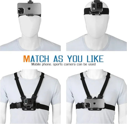 2 in 1 Mobile Phone Chest Strap Harness Stand Head Strap Holder Kit for IPhone GoPro POV Vlog Selfie Stick Tripod Bracket Mount