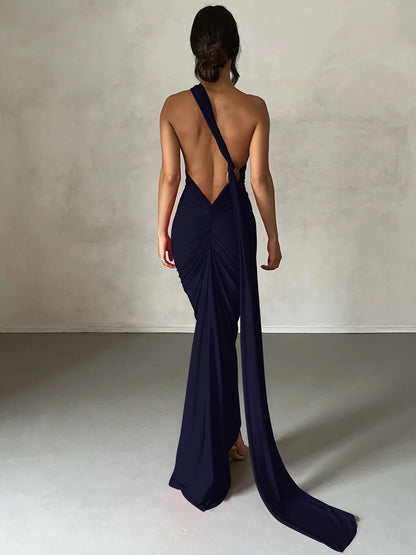 Hugcitar One Shoulder Backless Adjustable Scarf Loop Ruched Sexy Maxi Dress Women Elegant Y2K Streetwear Festival Outfit