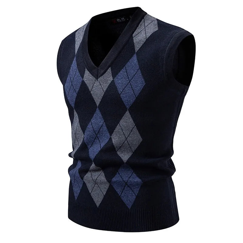 New Mens Argyle Knitwear Vest V Neck Sleeveless Casual Slim Fit Pullover Knitted Sweater Outdoor Streetwear Casual Tank Tops