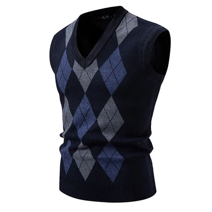 New Mens Argyle Knitwear Vest V Neck Sleeveless Casual Slim Fit Pullover Knitted Sweater Outdoor Streetwear Casual Tank Tops