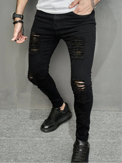 Men's Black Ripped Skinny Jeans, Slim Fit Stretch Denim Pants, Streetwear Biker Style Casual Trousers for Men