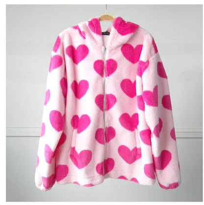 Autumn Winter Women Hooded Thickened Casual Sweatshirt Cartoon Bear Print Zipper Pocket Plush Unisex Fleece Jacket