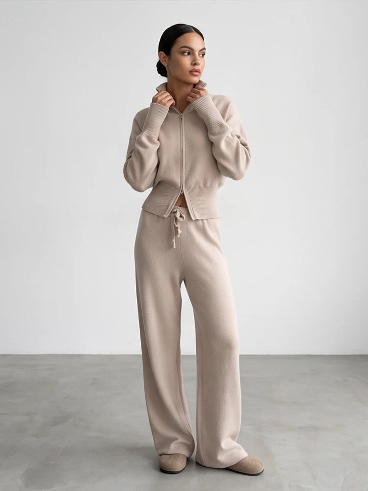 Solid Color Zipper Waist Cinching Casual Set Knitted Top Drawstring Straight Leg Pants 2-piece Sets 2026 Autumn Lady Daily Wear