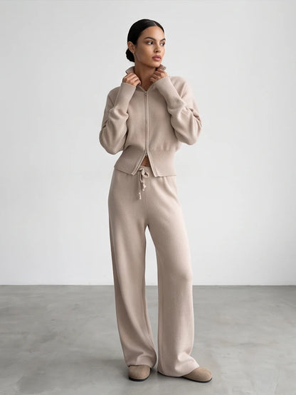 Solid Color Zipper Waist Cinching Casual Set Knitted Top Drawstring Straight Leg Pants 2-piece Sets 2026 Autumn Lady Daily Wear