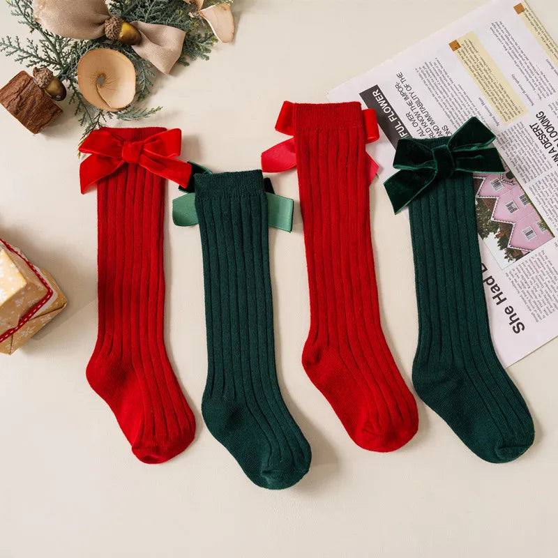 Kids Christmas Girls Socks Autumn Winter Toddlers Red Bowknot Baby Knee High Long Sock Soft Cotton Children Socken For 0-5 Years
