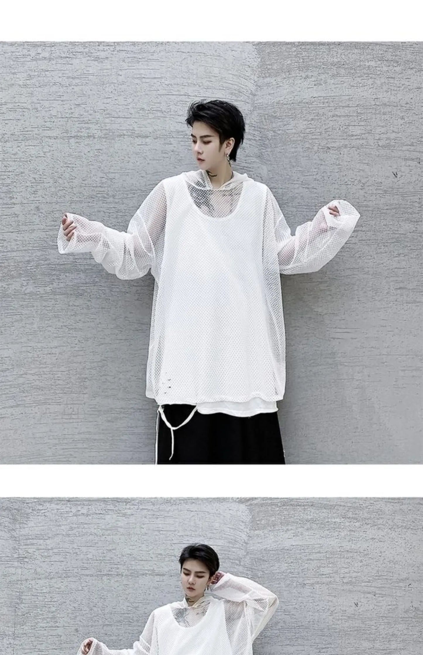 2024 Summer Dark Hollowed Out Mesh Hoodies T-shirt For Men Women Long Sleeves Loose Hooded Mesh Transparent Shirts