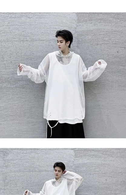 2024 Summer Dark Hollowed Out Mesh Hoodies T-shirt For Men Women Long Sleeves Loose Hooded Mesh Transparent Shirts