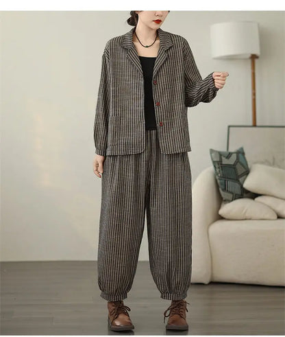 Retro Stripe Cotton And Linen Suit 2024 Women's Autumn Temperament Casual Wide Leg Harem Pants Loose Oversized 2 Piece Set K2478