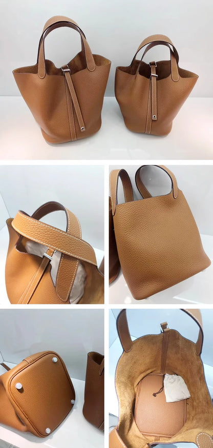 Women Leather Bucket Bag - Genuine Leather Handbag | Large Tote Bag With Silver Hardware