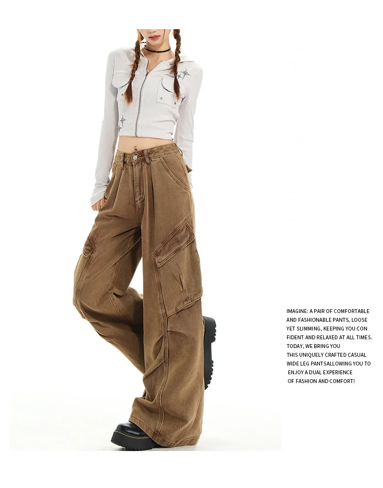 Retro Casual High Waisted Baggy Cargo Jeans Women Washed Distressed Wide Leg Pants Brown Denim Y2K Streetwear Vintage Trousers