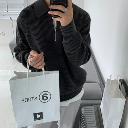 Winter Lapel Sweater Men Warm Fashion Casual Knit Pullover Men Korean Loose Zipper Long Sleeve Sweater Mens Jumper Clothes
