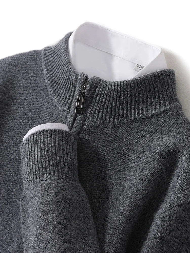 Men Mock Neck Zipper Sweaters 100% Merino Wool Pullover Casual Fashion Clothing Autumn Winter Thick Cashmere Knitwear Tops