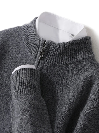 Men Mock Neck Zipper Sweaters 100% Merino Wool Pullover Casual Fashion Clothing Autumn Winter Thick Cashmere Knitwear Tops