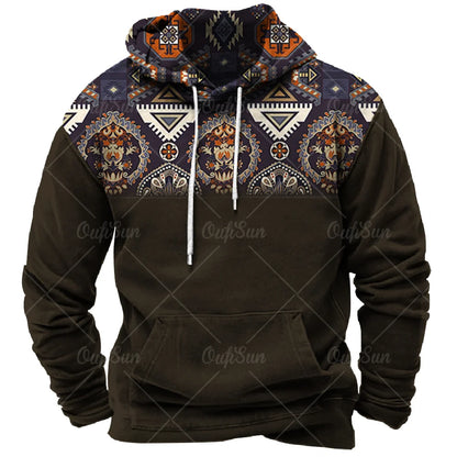 Men Hooded Vintage Print  Sweatshirt Ethnic Style Hoodie Autumn and Winter Oversized Casual Men's Clothing Daily Street Pullover