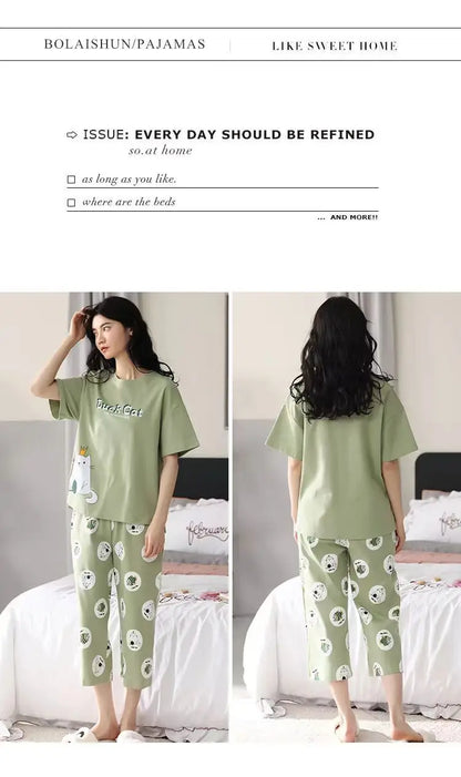 Women Pajamas Sets Plus Size Summer Silk Sleepwear Ladies Thin Short-Sleeved Seven Pants O-Neck Casual Cat Home Wear Night Wear