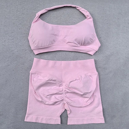 Shorts Set 2 Pieces Seamless Yoga Set Workout Tracksuit Women Halter Sport Bra And Low Waist Scrunch Bum Gym Shorts Suits