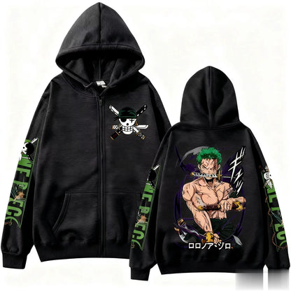 2026 One Piece Zoro Anime Print Zip Up Hooded Jacket Men Women Long Sleeve Casual Hip Hop Streetwear Pullover Spring Autumn Tops
