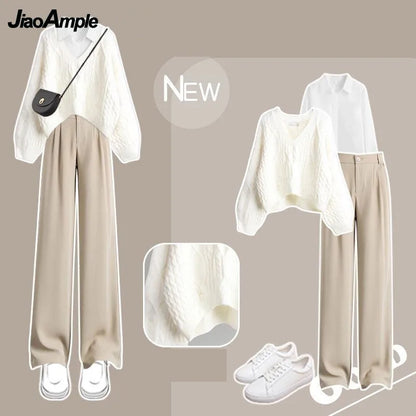Women Autumn/Winter Suit 2025 New Fashion Hole Knitted Sweater White Shirt Casual Pants 3-Piece Set Korean Elegant Matching Set