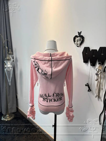 Harajuku Y2k Gothic Hooded Coat Women 2025 Autumn New Casual All-match Jackets Subcultural Japanese Black Tops Mujer Sweatshirt