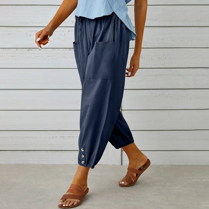 Cotton Linen Harem Pants Women Casual Elastic High Waist Lace Up Loose Ankle Trousers Vintage Harajuku Wide Leg Straight Pants
