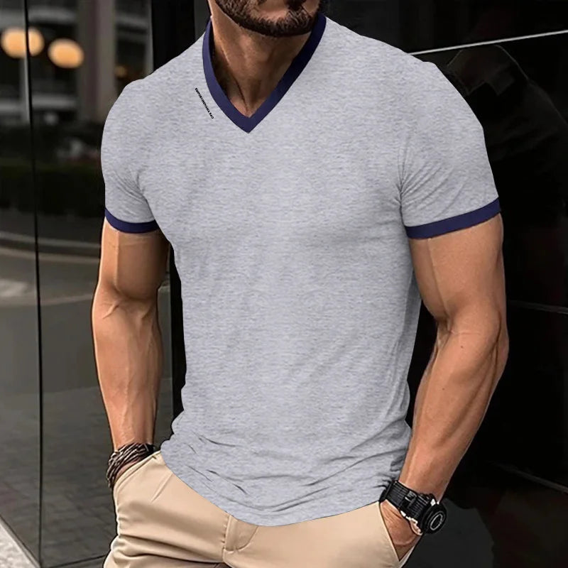 Men's V-Neck T-Shirt - Breathable Polyester Casual Tee, Solid Color Summer Top
