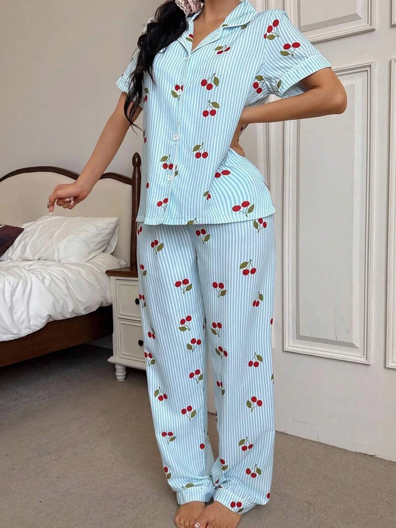 Spring Summer Autumn Winter Women's 2-piece Sweet Striped Cherry Patterned Flowered Shirt Short Sleeve Pants Homewear Sleeping S