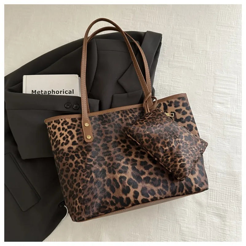 Leopard Print Tote Bag - Women's PU Leather Large Capacity Casual Travel Purse