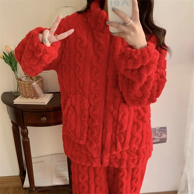 Autumn Winter Sweet Coral Fleece Pajamas Women Fleece-lined Thickened 2023 New Zip-up Flannel Warm Home Wear Set