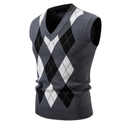 New Mens Argyle Knitwear Vest V Neck Sleeveless Casual Slim Fit Pullover Knitted Sweater Outdoor Streetwear Casual Tank Tops