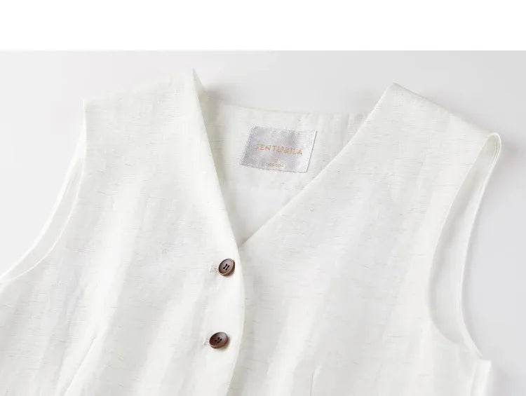 SENTUBILA Office 2 Piece Pant Set 2026 Women Linen Blend Summer Suit V Neck Waistcoat Wide Leg Baggy Pant Print Scarf 162ZA5663Z