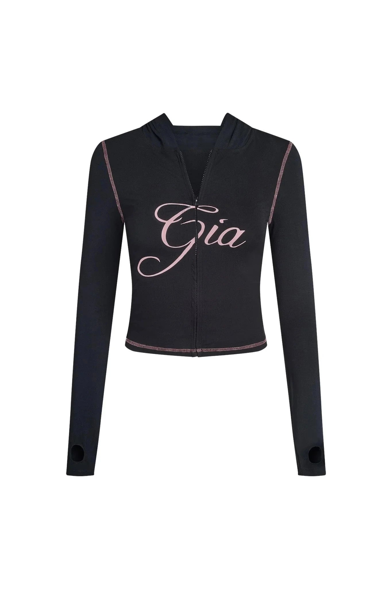 Gia neon pink regular shoulder slim-fit letter print topstitching design slim-fit hooded zip-up short jacket and pants set