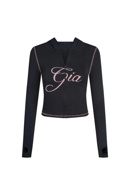 Gia neon pink regular shoulder slim-fit letter print topstitching design slim-fit hooded zip-up short jacket and pants set