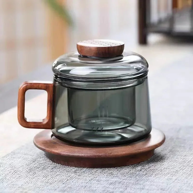 Heat Resistant Glass Tea Infuser Cup - 200ml Teacup with Wood Handle and Filter for Kung Fu Tea Set - ZOOMNSTORE