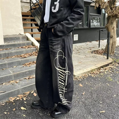 Autumn Men's Letter Printed Straight-Leg Baggy Jeans Hip Hop Fashion Washed Denim Pantalones American Retro Y2K Streetwear Jean