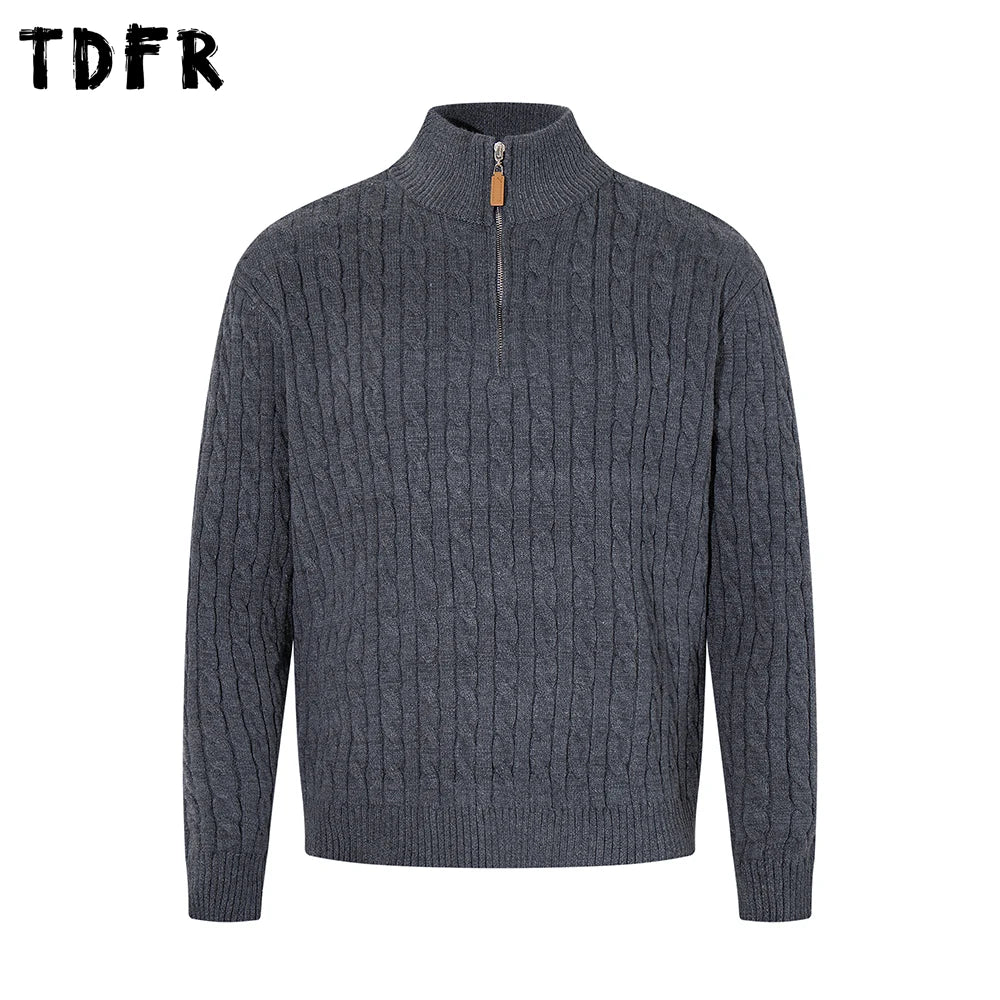 Retro Stand Collar Half Zipper Sweater Mens Solid Color Autumn Winter Casual Knitted Long Sleeve Loose Pullover Man