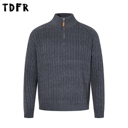 Retro Stand Collar Half Zipper Sweater Mens Solid Color Autumn Winter Casual Knitted Long Sleeve Loose Pullover Man